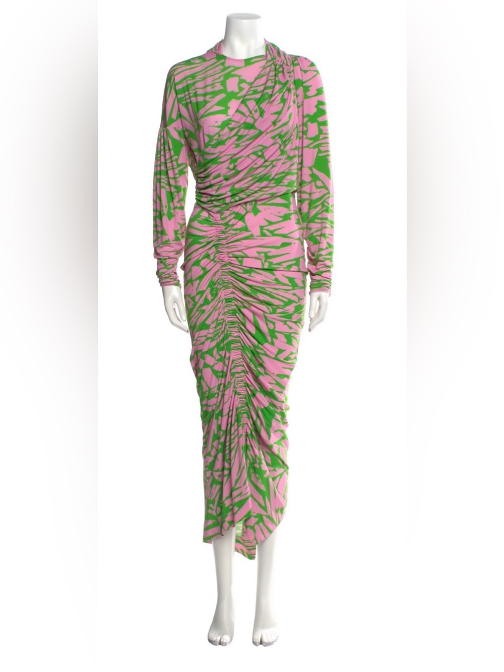 Preen by Thornton Bregazzi Pink and Green Printed Ruched Midi Dress